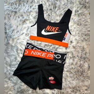 Nike Black Orange White Logo Sports Bra & Matching Shorts Set size XS Small EUC
